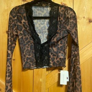 Leopard Print Sheer Cardigan with Lace Trim Commense NWT Small